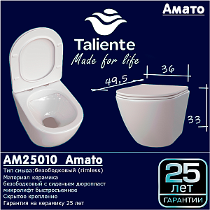 Унитаз подвесной Taliente Амато (Amato) AM25010 белый с сиденьем микролифт смыв воронка-водоворот