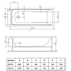 Ванна Vincea VBT-2G150-LG 150x70 пристенная прямоугольная